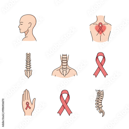Medical vector icon set featuring human spine anatomy, vertebrae, cervical spine, sacrum, profile of a head, and pink awareness ribbons for health campaigns and orthopedic support.