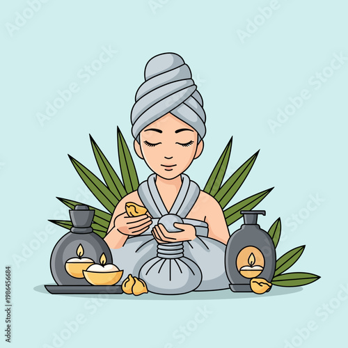 Vector illustration of a woman in a towel and hair turban at a spa, holding herbal massage compresses surrounded by candles, oil bottles, and green tropical leaves on light blue.