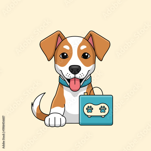 Vector illustration of a cute brown and white puppy with a blue collar sitting beside a blue travel suitcase with paw prints, symbol for stray dog rescue, pet adoption and moving house.