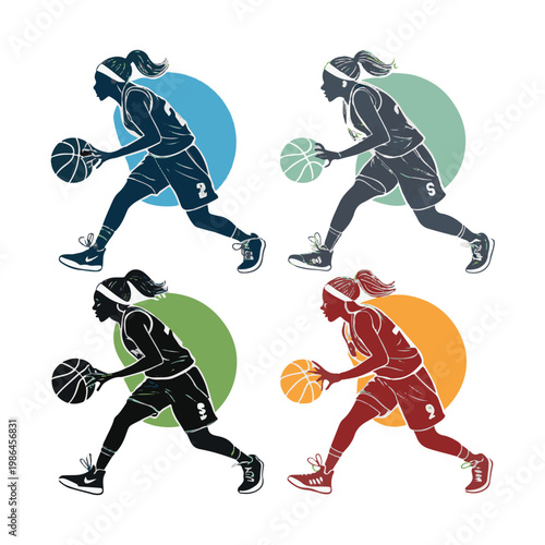 Four Silhouette Basketball Players Dribbling with Circles vector illustration