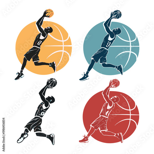 Four Basketball Players Dunking with Circles vector illustration