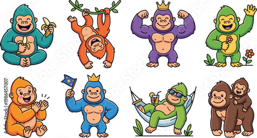 Cute gorilla and monkey cartoon set featuring playful jungle primates, funny poses, family characters in colorful flat vector illustration style