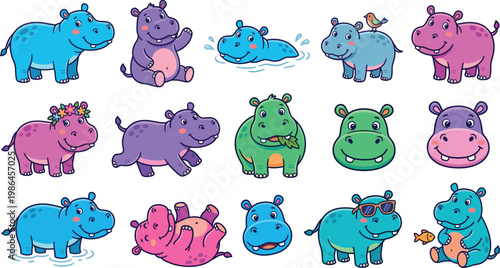 Horse cartoon set featuring farm and fantasy horses, running, jumping, and grazing poses, colorful equine characters in flat vector illustration style