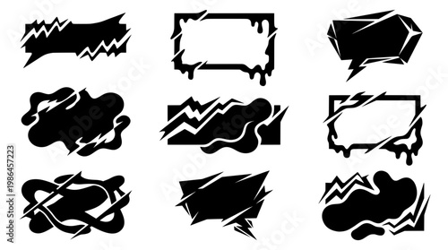 Set of black zigzag slash banners, liquid melt frames, and jagged speech bubbles for gaming stream overlays, text boxes, and Y2K graphic design
