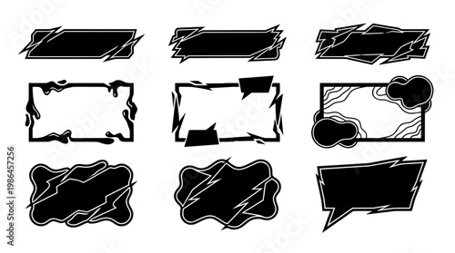 Set of black and white stream overlay borders, glitch frames, acid liquid drips, and topography banners for gaming, video design, and content creation