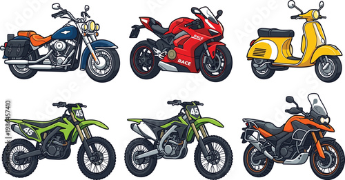 Motorcycle and scooter set featuring sport bike, dirt bike, touring and classic motorbike vehicles in detailed colorful flat vector illustration style