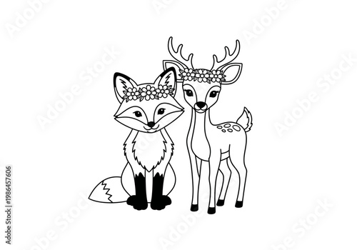  Cute Fox and Deer with Flower Wreaths