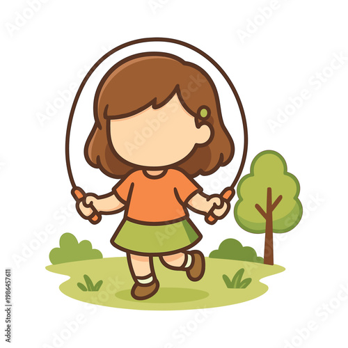 Girl jumping rope in park flat vector illustration