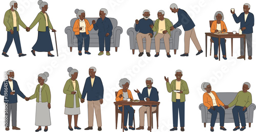 Elderly African American Couples Vector Set Featuring Senior Seniors Walking Holding Hands Dining Together and Relaxing at Home for Retirement Community Designs