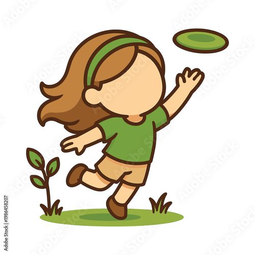 Girl playing frisbee outdoor flat vector illustration