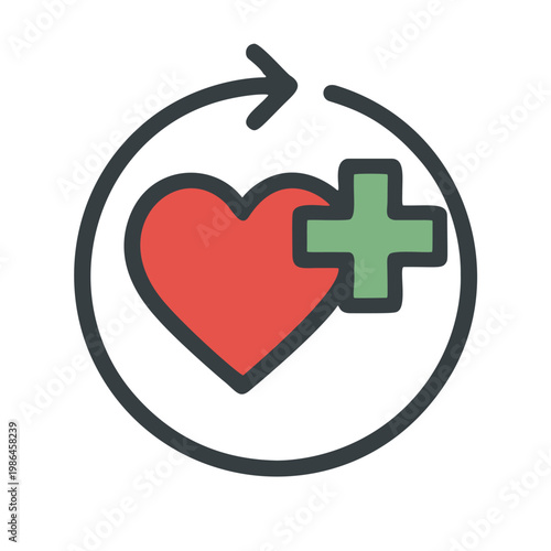 Line Art Heart with Plus Sign and Rotation Arrow Healthcare Icon