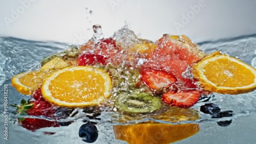 Fresh kiwi slices, halved strawberries, and whole blueberries dropping into clear water, creating a dynamic splash with air bubbles and ripples against a neutral background.