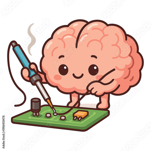 Cute brain character soldering circuit board flat vector illustration