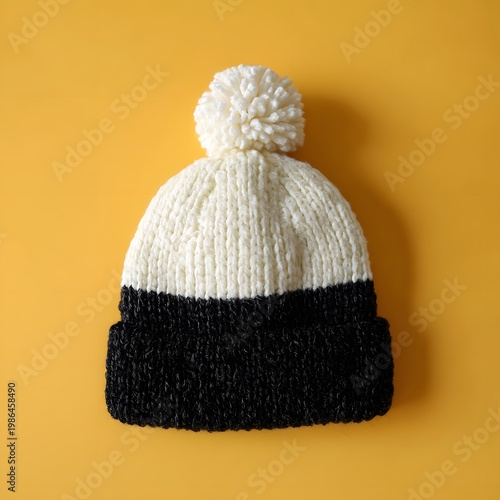 Warm winter knit beanie featuring soft white pom-pom, black color blocking cold, positioned against yellow  backdrop