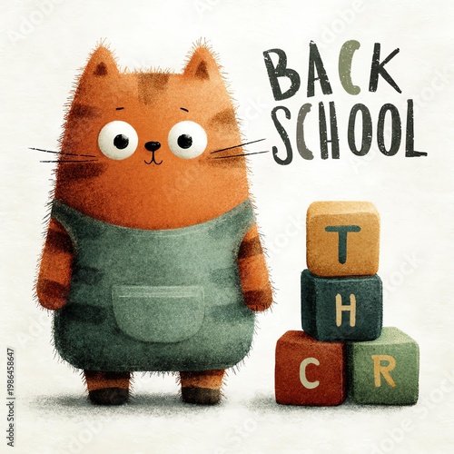 Cute cartoon cat preparing for school with colorful blocks, perfect for education and children's themes.