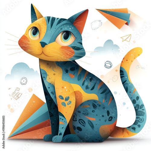 A whimsical and colorful illustration of a playful cat, featuring geometric shapes and bright colors.