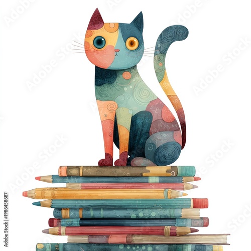 A whimsical cat illustration made of vibrant colors, perched atop a stack of colorful pencils.