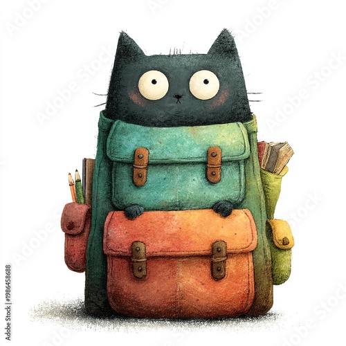 A whimsical illustration of a black cat peeking from a colorful backpack filled with art supplies.
