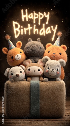 Adorable plush animals gather around a birthday gift, conveying joy and celebration in a festive ambiance.