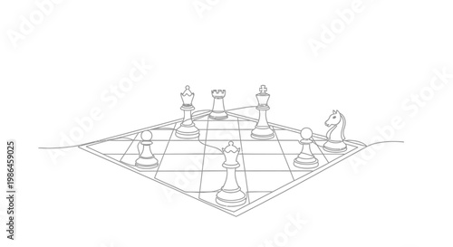 Chessboard war strategy game, pieces arranged for battle on a warped board, strategic thinking concept