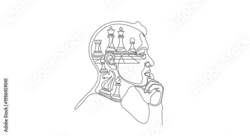 Abstract Human Head Silhouette with Chess Pieces Inside, Strategic Thinking Concept