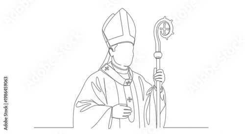 Bishop in Mitra and Rochet Holding a Crozier, Line Art Illustration