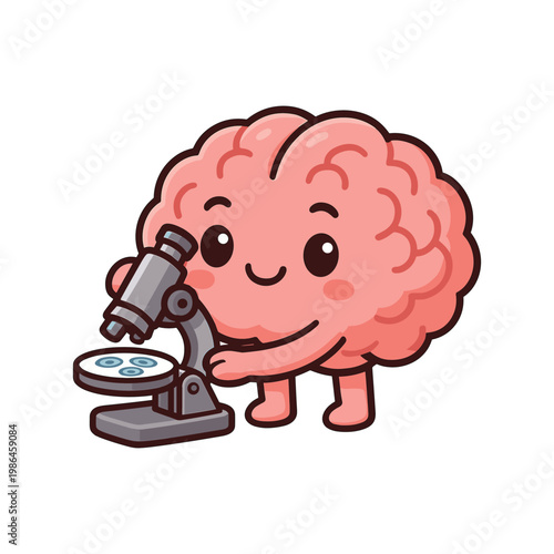 Cute brain looking through microscope cartoon