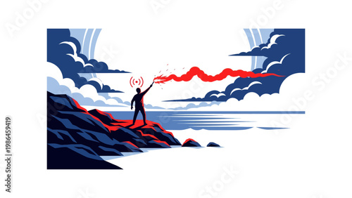Man standing on cliff waving flag energetically.