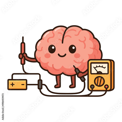 Cute brain character using multimeter electrical testing