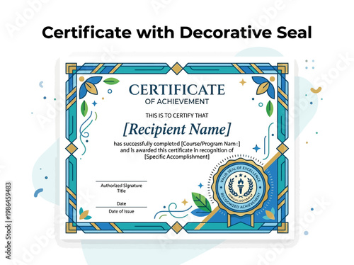 Certificate of Achievement with Decorative Seal and Intricate Geometric Border Design