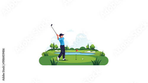 Man swinging golf club on course.