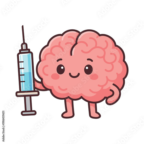 Cartoon brain holding syringe smiling