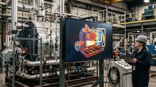 Medium shot of a digital twin test bay showing a large screen displaying a virtual boiler model synchronized with the physical unit during operational testing.
