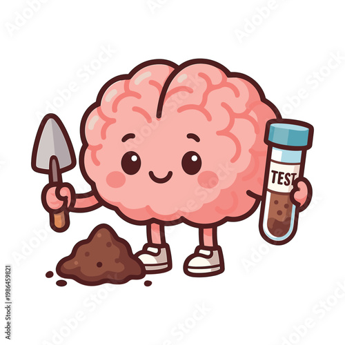 Cute brain character holding soil test tube and trowel