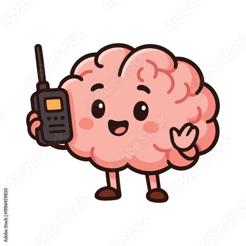 Cartoon brain holding walkie talkie waving hand
