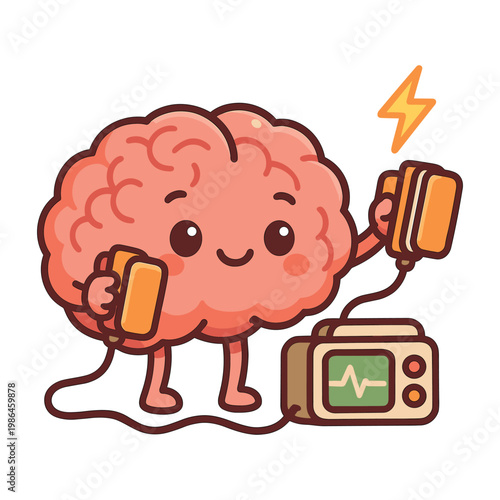 Cute brain character holding defibrillator paddles flat vector illustration
