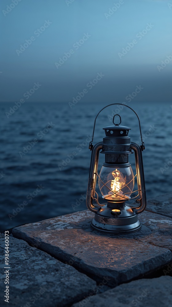 Fototapeta premium Lantern on pier with the sea in background illuminates the night