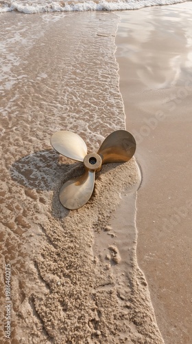 Boat propeller on wet sand near ocean with sunlight glow