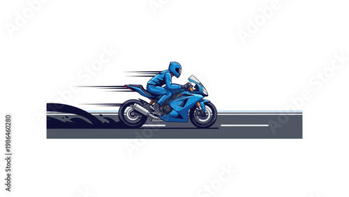 Motorcyclist Riding Blue Motorcycle Fast.