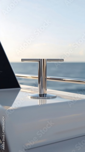 Chrome boat fitting on a luxury yacht overlooking the ocean