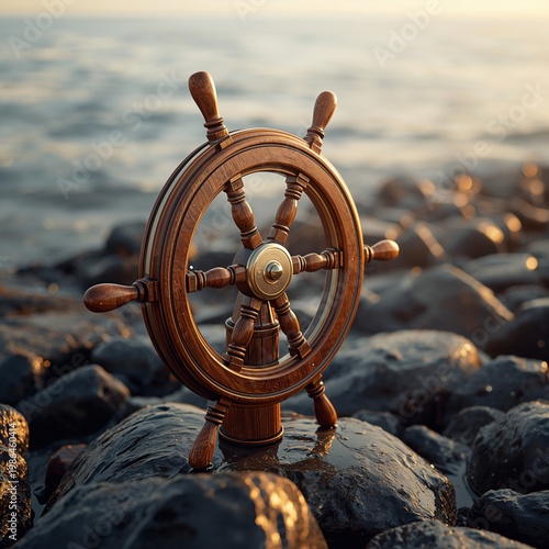 Wooden ship's wheel on rocks at the ocean's edge