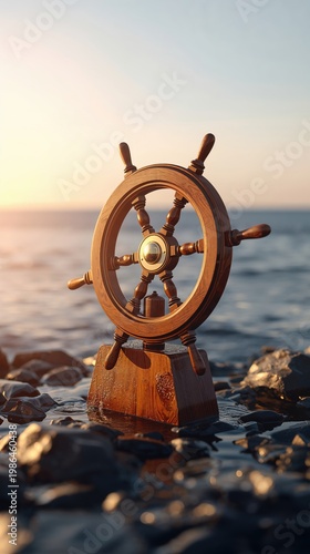 Wooden ship wheel on a rocky shoreline in the ocean at sunset