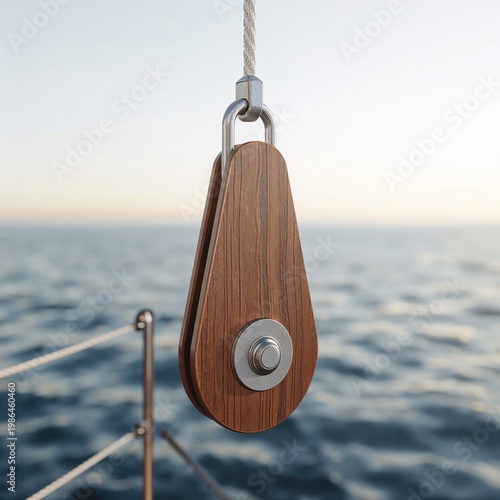 Wooden pulley on a sailboat with the ocean in the background