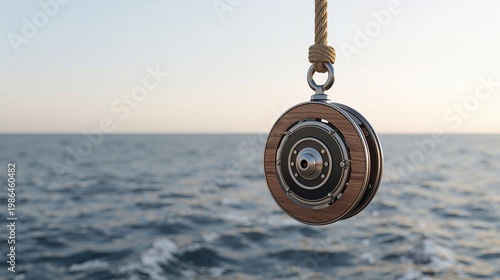 Wooden pulley and rope on a sailboat against ocean horizon