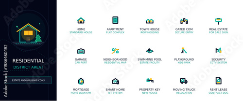 Modern Residential Estate Housing Icons Collection Property Management and Smart Home Solutions Set
