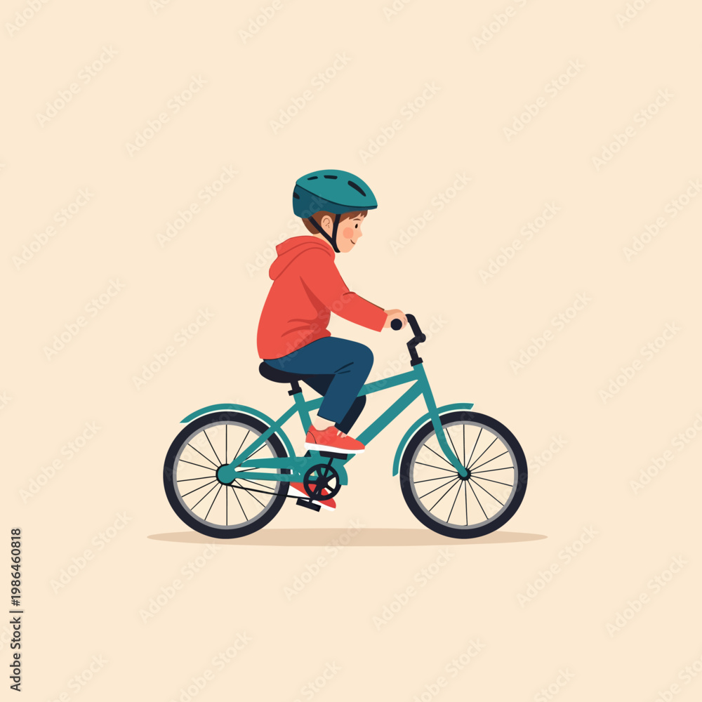 Naklejka premium A young boy wearing a blue helmet and a red hoodie riding a teal-colored bicycle on a light beige background. The vector illustration shows the child pedaling with both feet on the pedals.