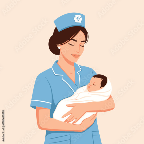 Vector illustration of a professional female nurse or midwife in a blue uniform and cap holding a swaddled newborn baby sleeping peacefully against a plain background.