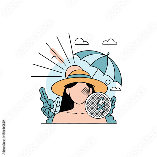 Minimalist vector illustration of a woman wearing a sun hat under an umbrella, with a magnifying glass examining a facial mole for melanoma awareness and skin cancer prevention.
