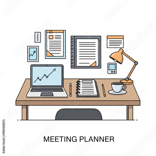 Vector illustration of an organized meeting planner workspace with a laptop displaying a growth graph, spiral notebook, desk lamp, coffee cup, and various office supplies.