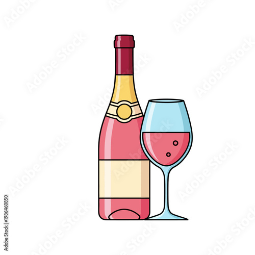 Flat vector illustration of a pink sparkling wine or rose moscato bottle with gold foil neck and cream label next to a wine glass filled with pink bubbly liquid on white background.